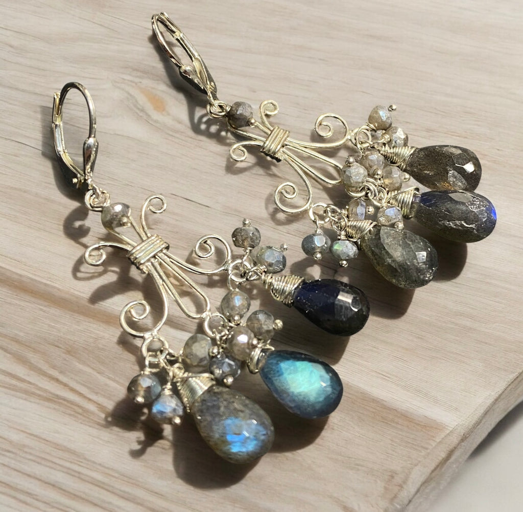 Labradorite Chandelier Earrings Sterling Silver Wire Wrap Teardrops