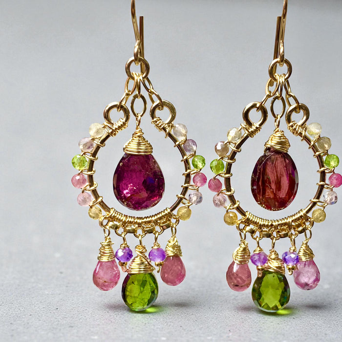 Tourmaline Gemstone Chandelier Hoop Earrings Gold Fill 3