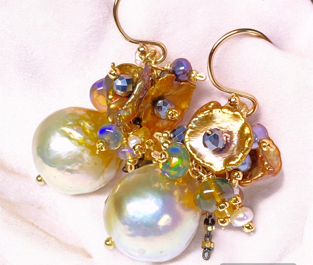 Pond Slime Gold White Pearl Earrings with Black Opals Golden Keishi Pearl Clusters