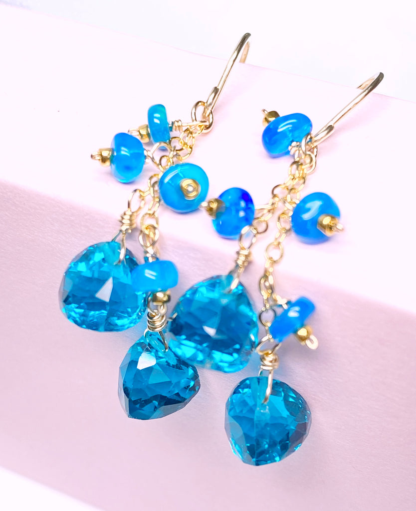 Teal Quartz and Opal Dangle Earrings Gold Fill