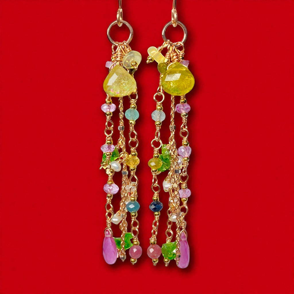 Canary Yellow Tourmaline Long Dangle Earrings Rose Gold Fill