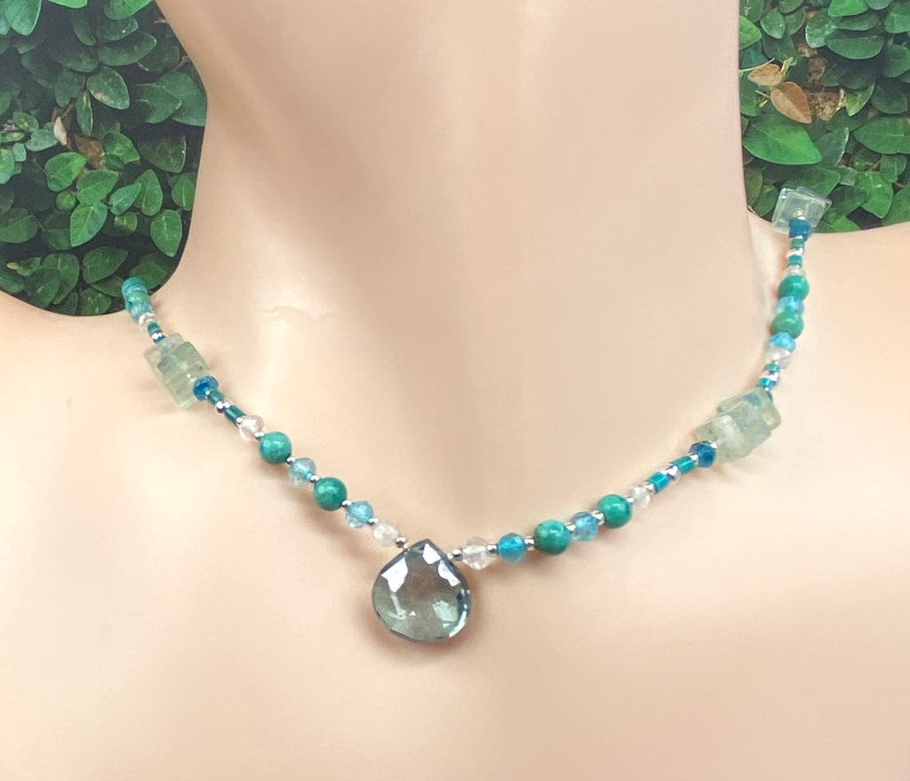 Mystic Aqua Quartz Pendant; Silk Knotted Aqua Blue Beaded Necklace