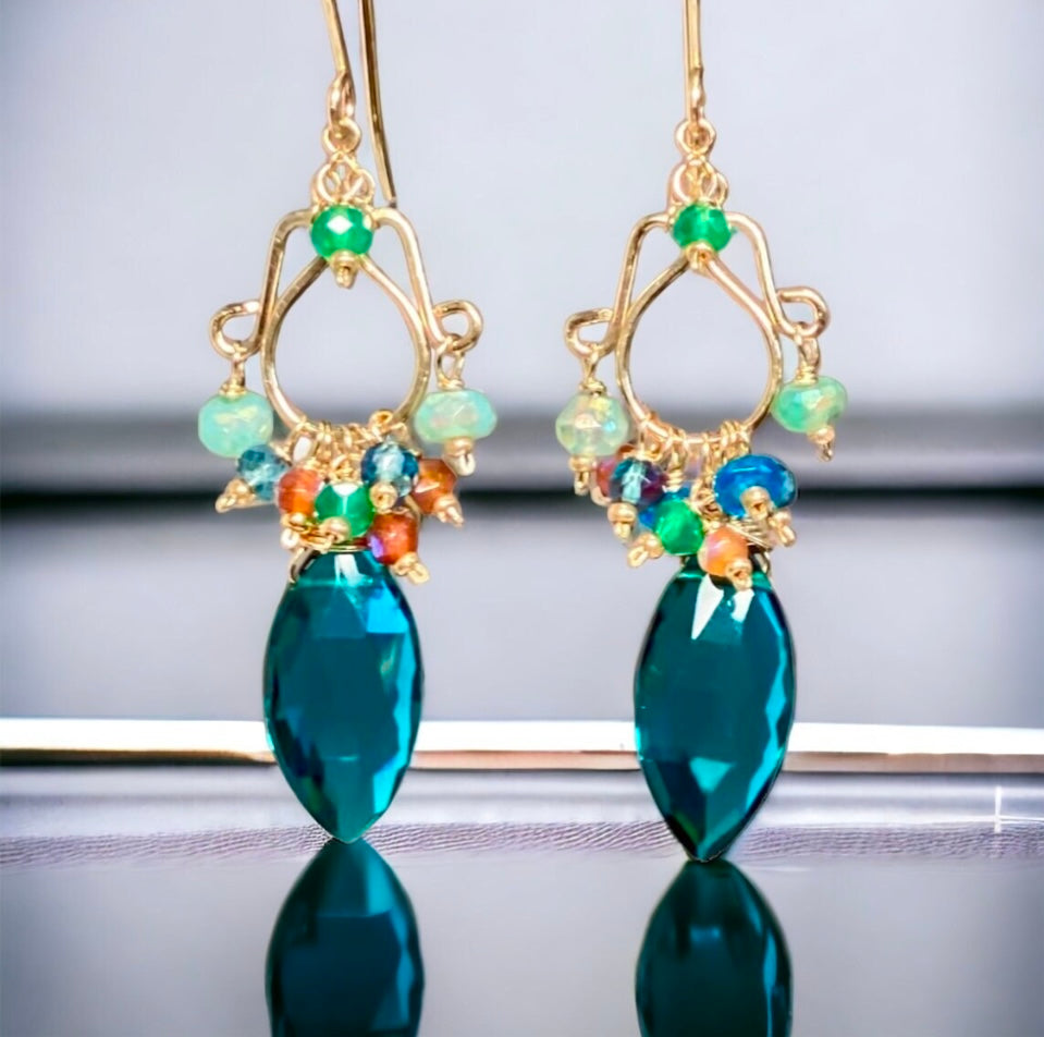 Teal and Multicolor Gemstone Chandelier Earrings Gold Fill