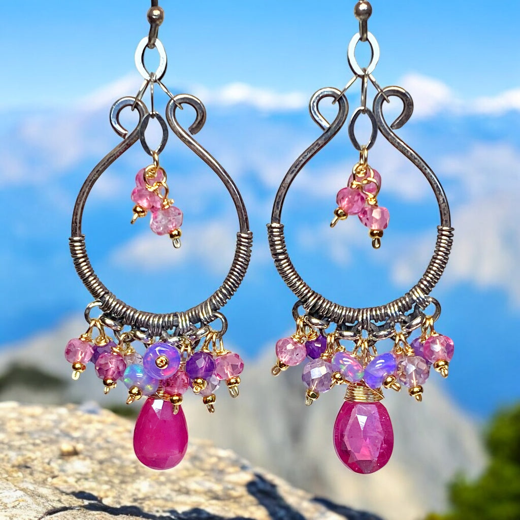 Oxidized Silver Hoop Chandelier Earrings, Pink Sapphire, Mixed Metals 2