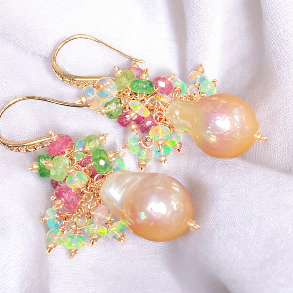 Flameball Baroque Metallic Edison Pink Gold Pearl Cluster Earrings