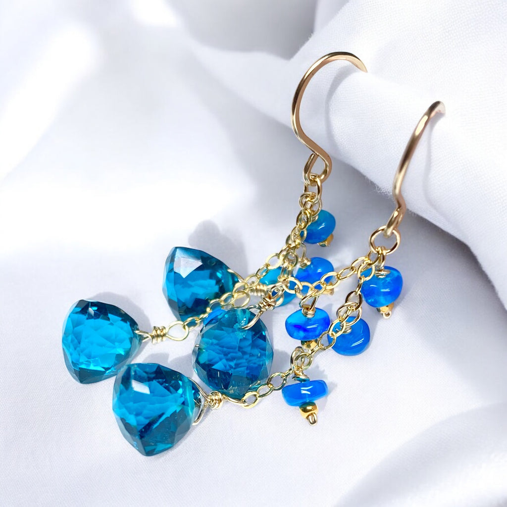 Teal Quartz and Opal Dangle Earrings Gold Fill