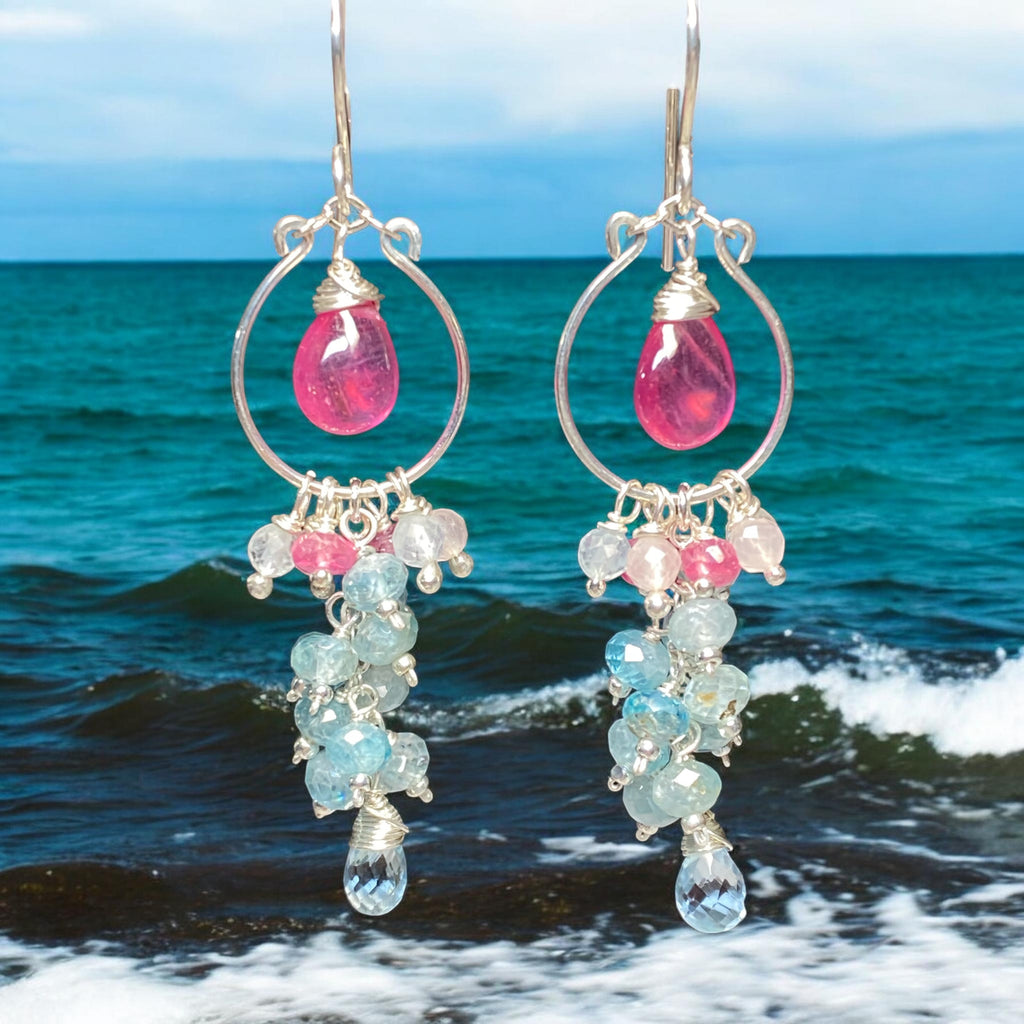Blue Aquamarine, Natural Blue Zircon, Pink Sapphire Chandelier Hoop Earrings Sterling Silver - Doolittle