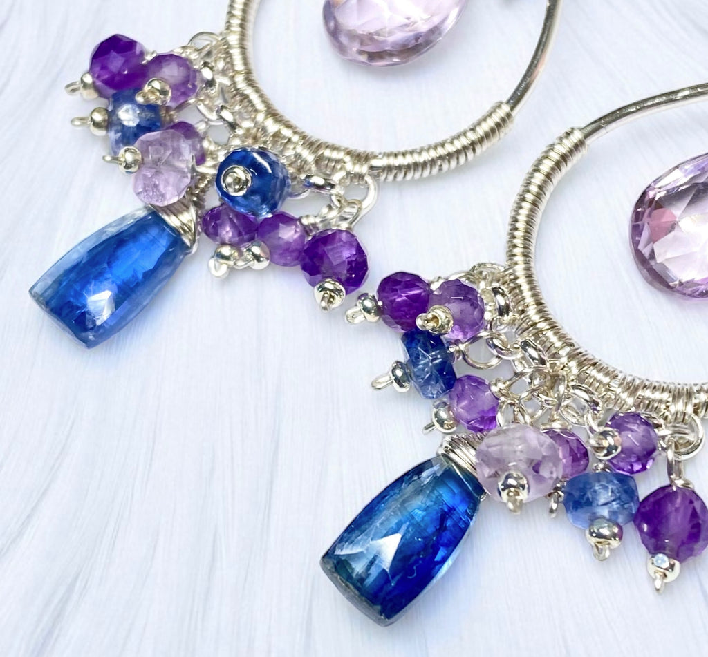 Blue Kyanite and Purple Gemstone Hoop Chandelier Earrings