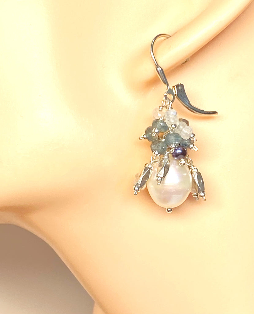 Moss Aquamarine and Pearl Cluster Earrings, Sterling Silver