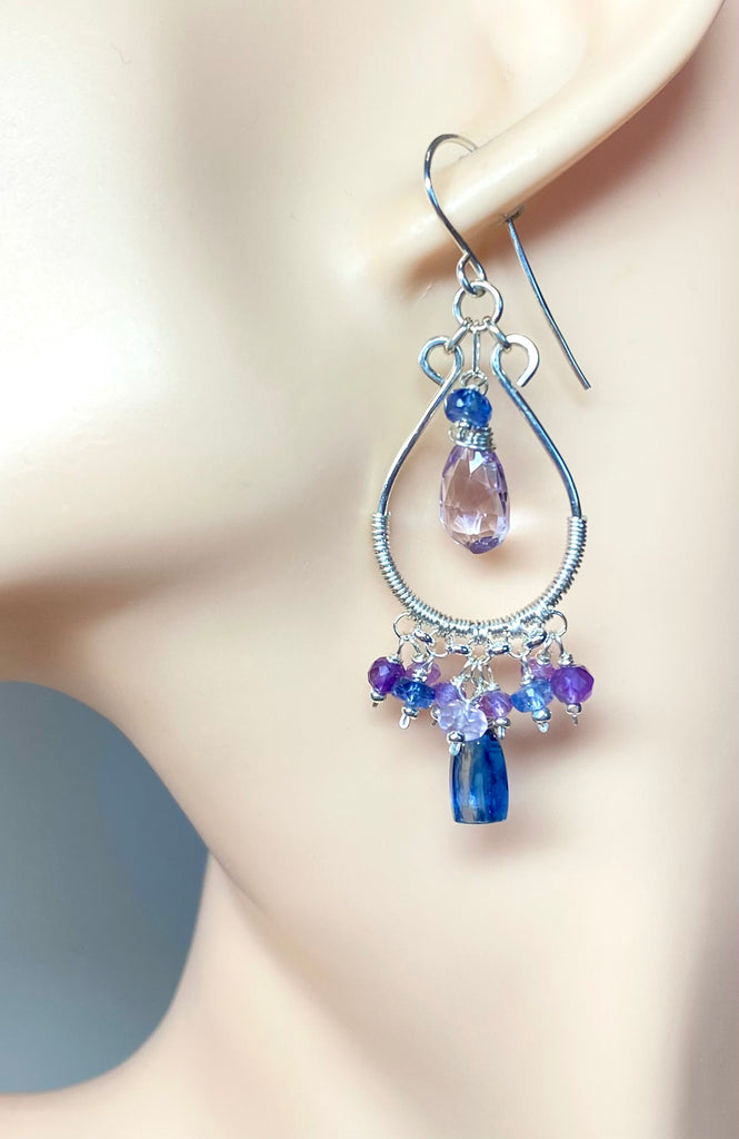 Blue Kyanite and Purple Gemstone Hoop Chandelier Earrings
