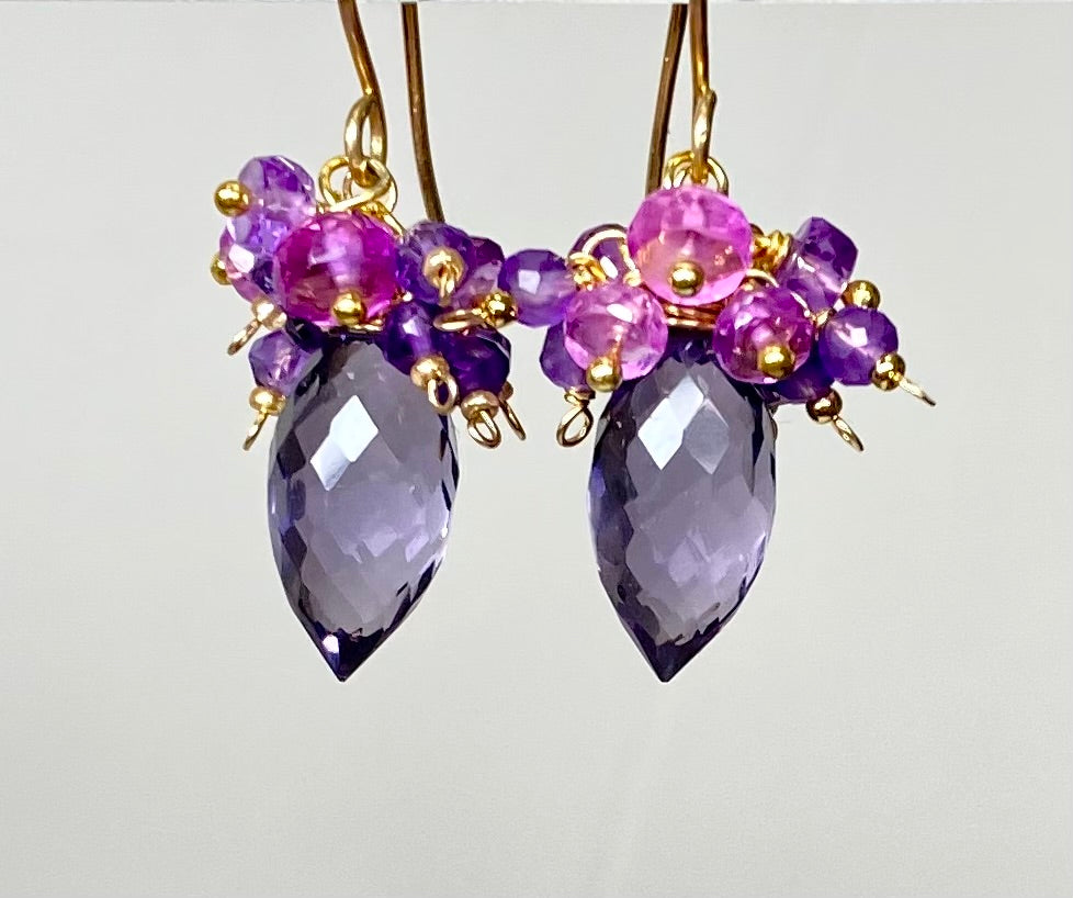 Amethyst, Violet Sapphire Cluster Earrings, Gold Fill