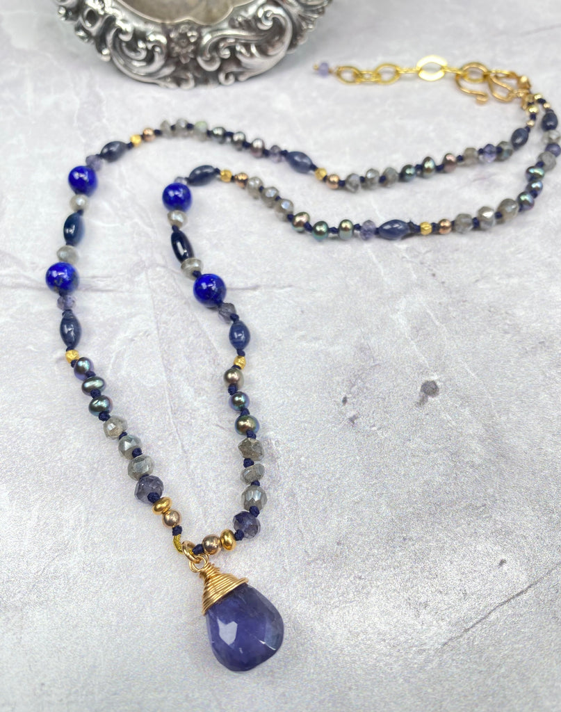 Blue Iolite Pendant Silk Knot Necklace: Mystic Labradorite, Pearl, Iolite, Blue Lapis, Gold Fill