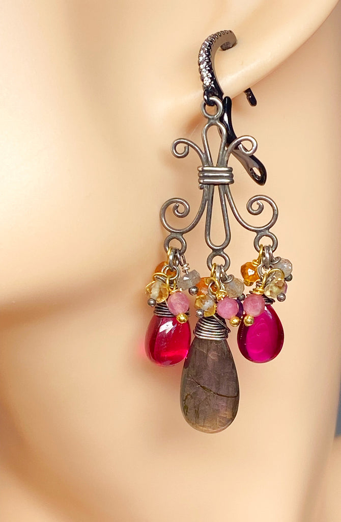 Purple Labradorite and Rubellite Chandelier Earrings in Mixed Metals