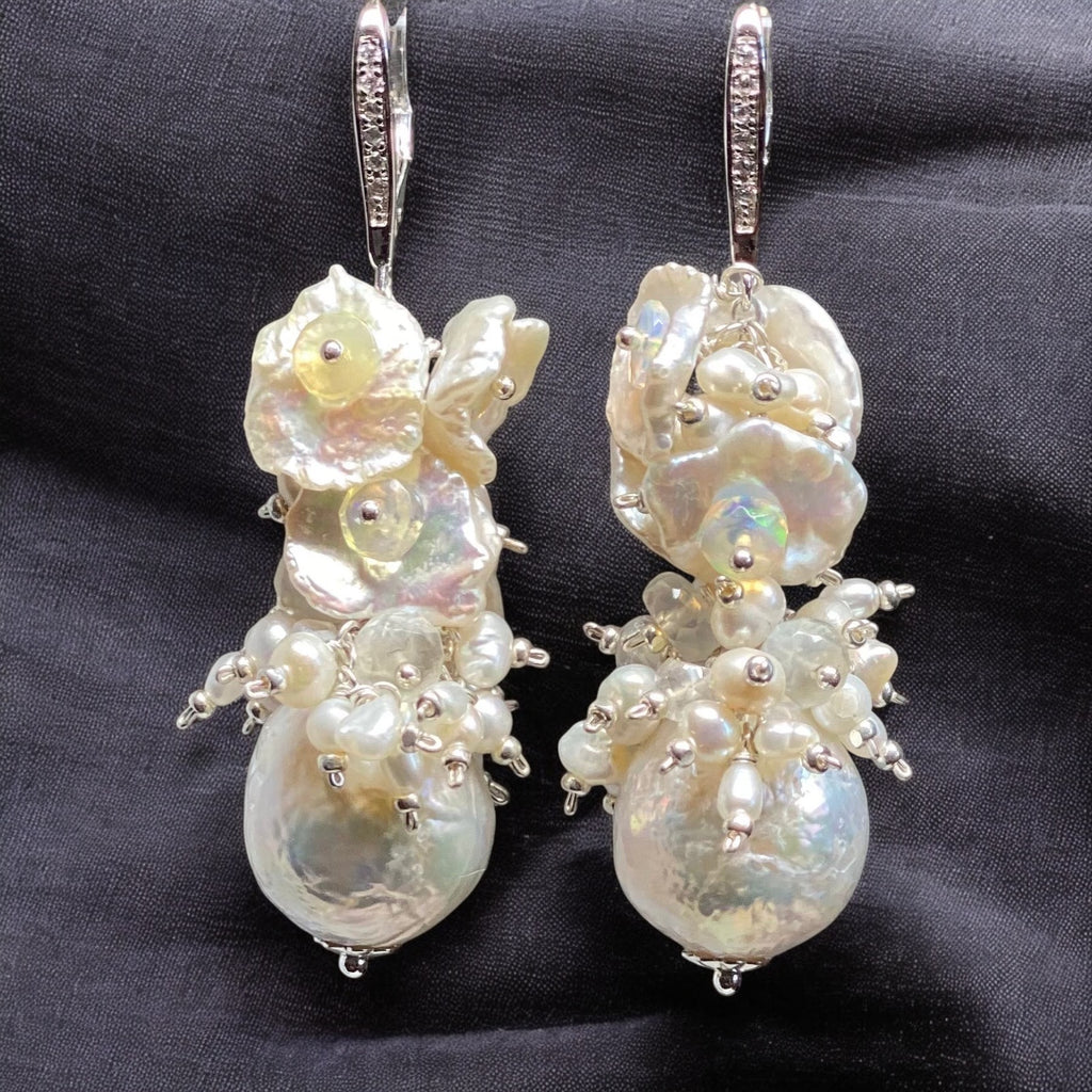 Baroque Pearl Cluster Bridal Earrings White Keishi and Opal Cascade