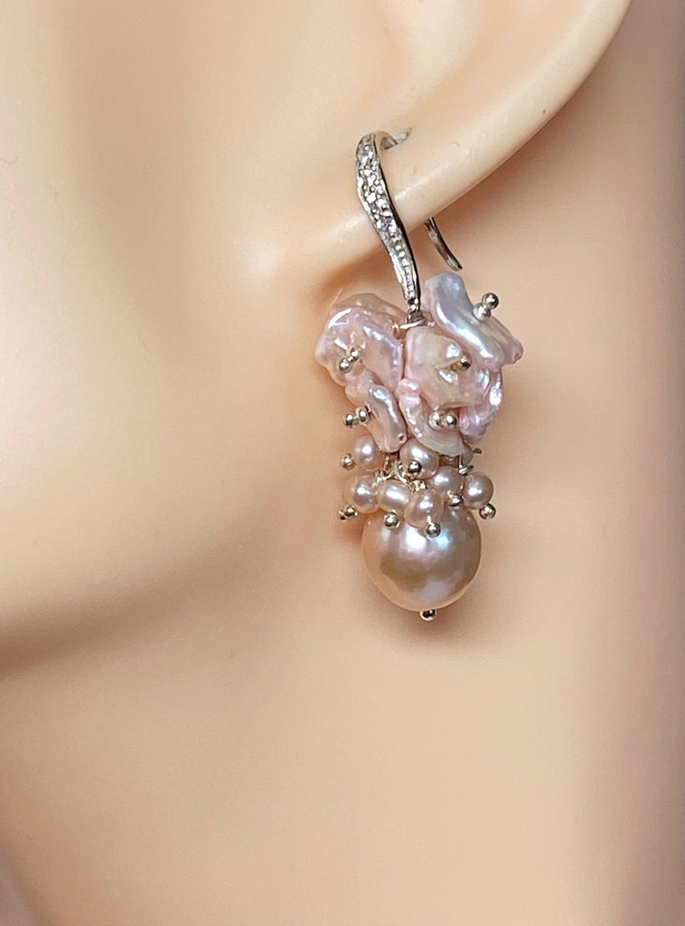 Pink Pearl Cluster Earrings, Blush Pink Keishi Pearls