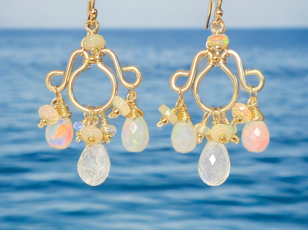 Ethiopian Opal and Moonstone Gemstone Chandelier Earrings Statement Gold Fill