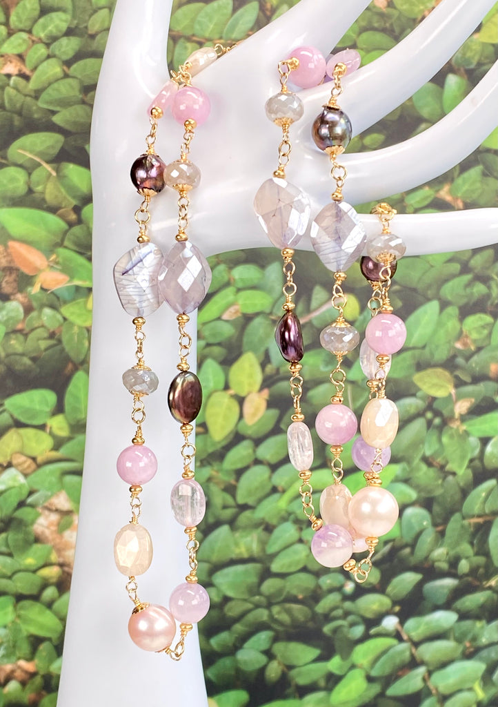 Long Multicolor Gem Stone Necklace Gold, Kunzite, Blue Sapphire, Moonstone, Pearl - Doolittle