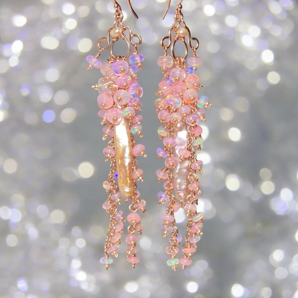 Blush Biwa Pearl Earrings Long Baby Pink Opal Clusters Rose Gold 2