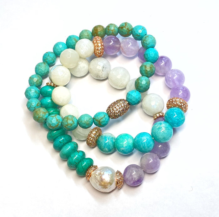 Turquoise Bracelet Stack Set of 3 Rose Gold Pave CZ Moonstone Lavender Quartz