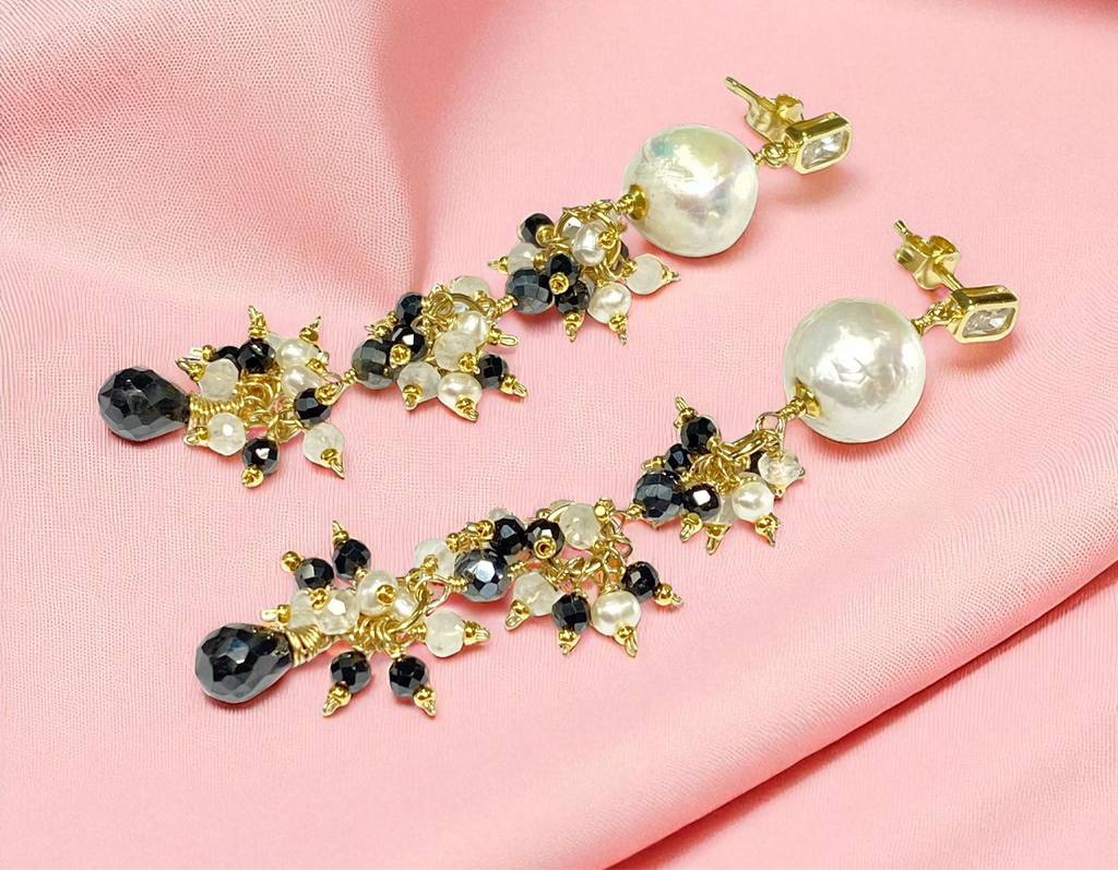 Edison Pearl Long Dangle Earrings with Black Spinel, White Pearl, Moonstone