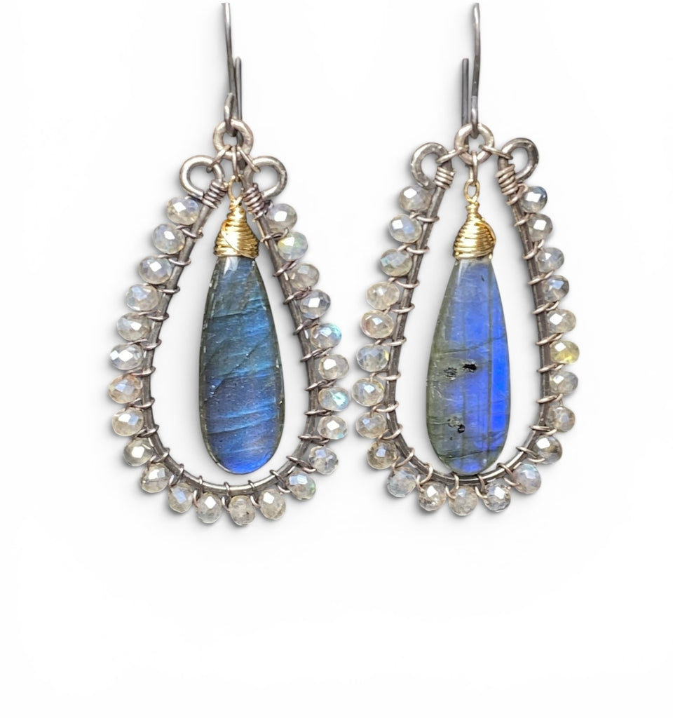 Blue Flash Labradorite Long Hoop Earrings - Oxidized Sterling Silver and Gold Fill - Doolittle