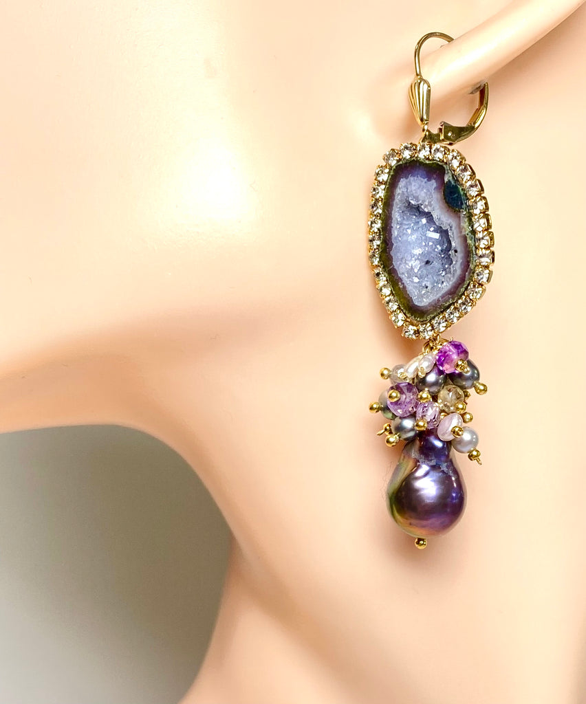 Grey Tabasco Geode and Baroque Pearl Cluster Dangle Earrings - Pink, Plum, Grey