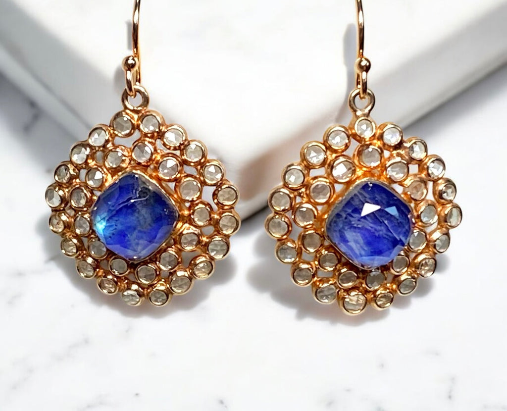 Rose Gold Earrings Pave White Topaz Kyanite Dangle Blue & White