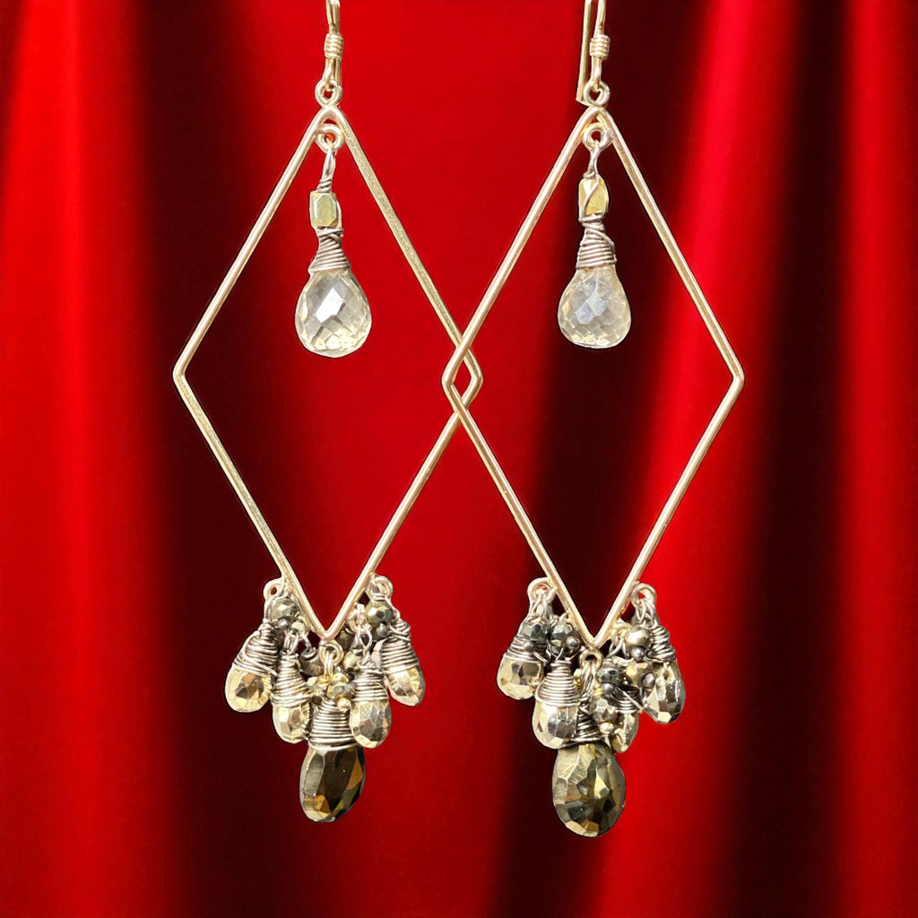 Mixed Metal Statement Hoop Earrings Pyrite Spinel Gemstones Gold Fill