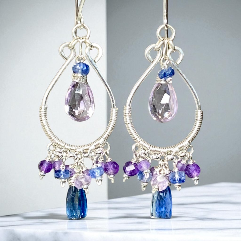 Blue Kyanite and Purple Gemstone Hoop Chandelier Earrings