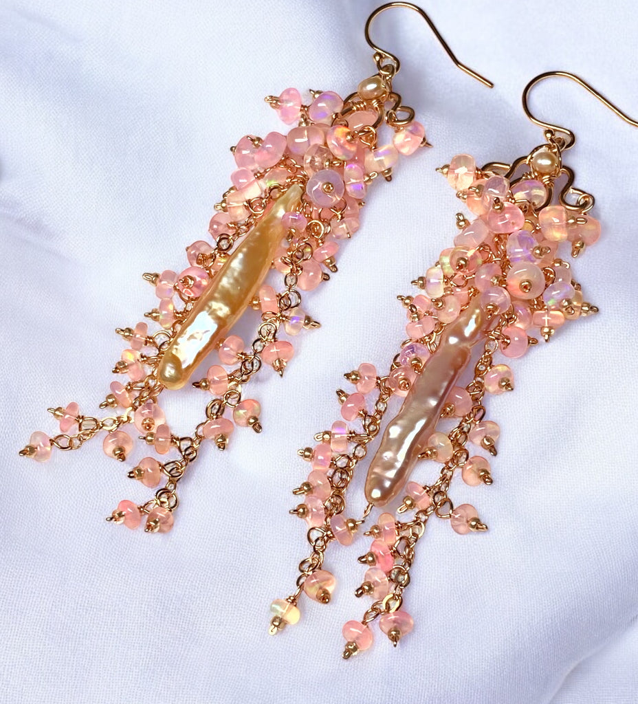 Blush Biwa Pearl Earrings Long Baby Pink Opal Clusters Rose Gold 2