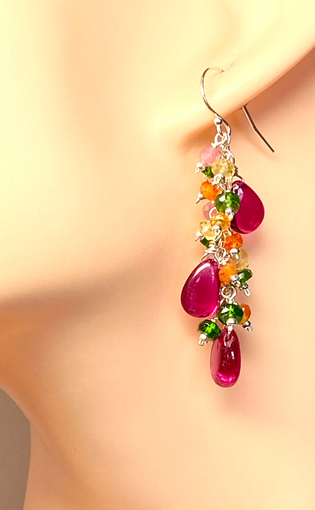 Rubellite Multi Gemstone Long Dangle Earrings Sterling Silver