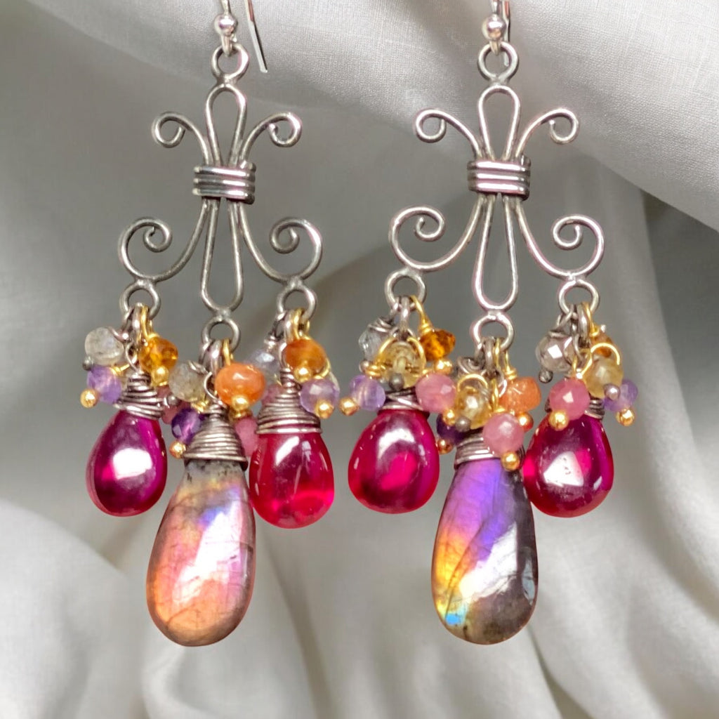 Purple Labradorite and Rubellite Chandelier Earrings in Mixed Metals