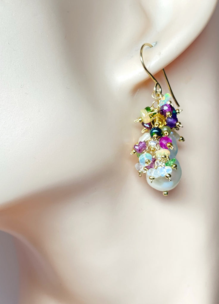 Opal Cluster Baroque Flameball Pearl Earrings Multi-color Gemstone 4