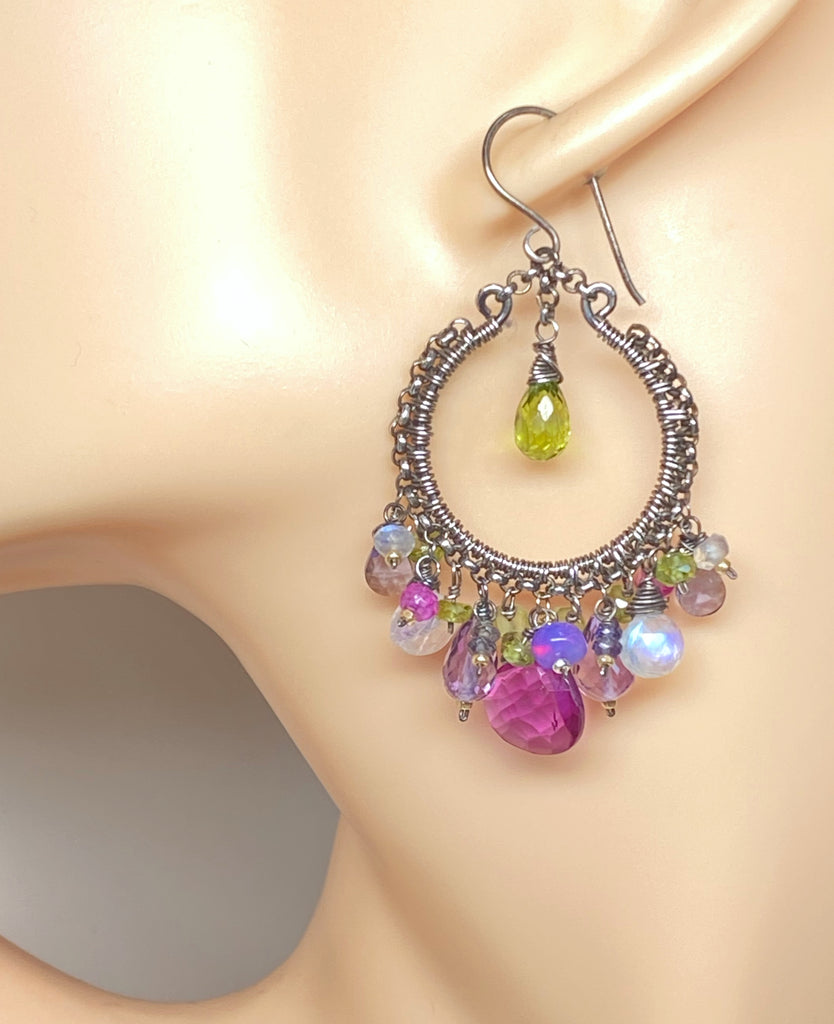 Multi Gemstone Chandelier Hoop Earrings - Peridot Lavender Violet