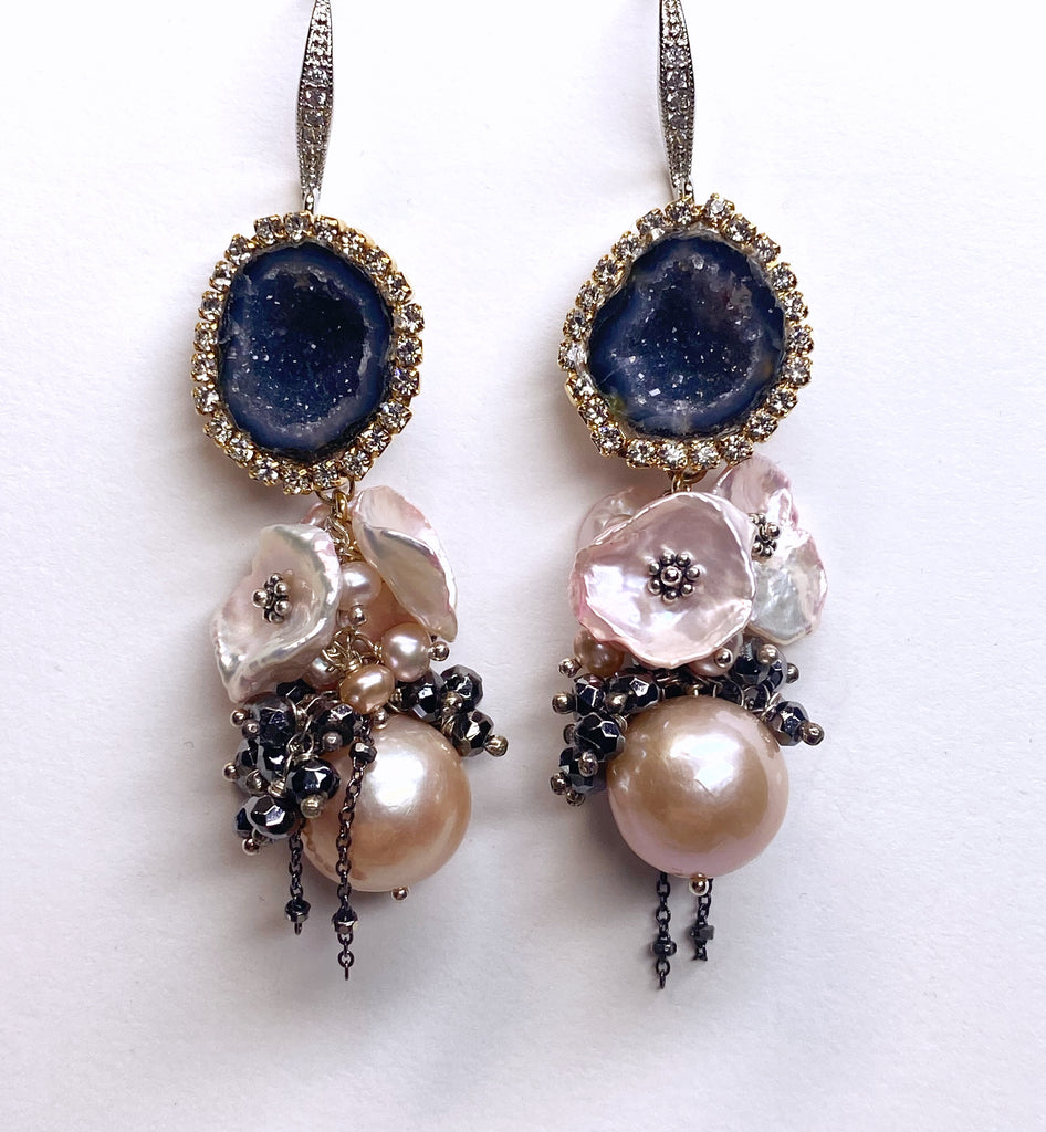 Pink Edison Pearl Cluster Earrings with Keishi and Black Geodes