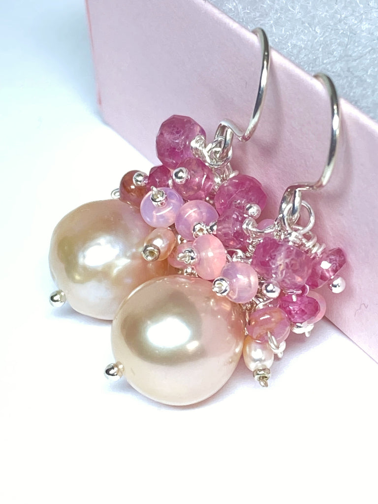 Pink Pearl Earrings with Pink Sapphire and Opal Clusters