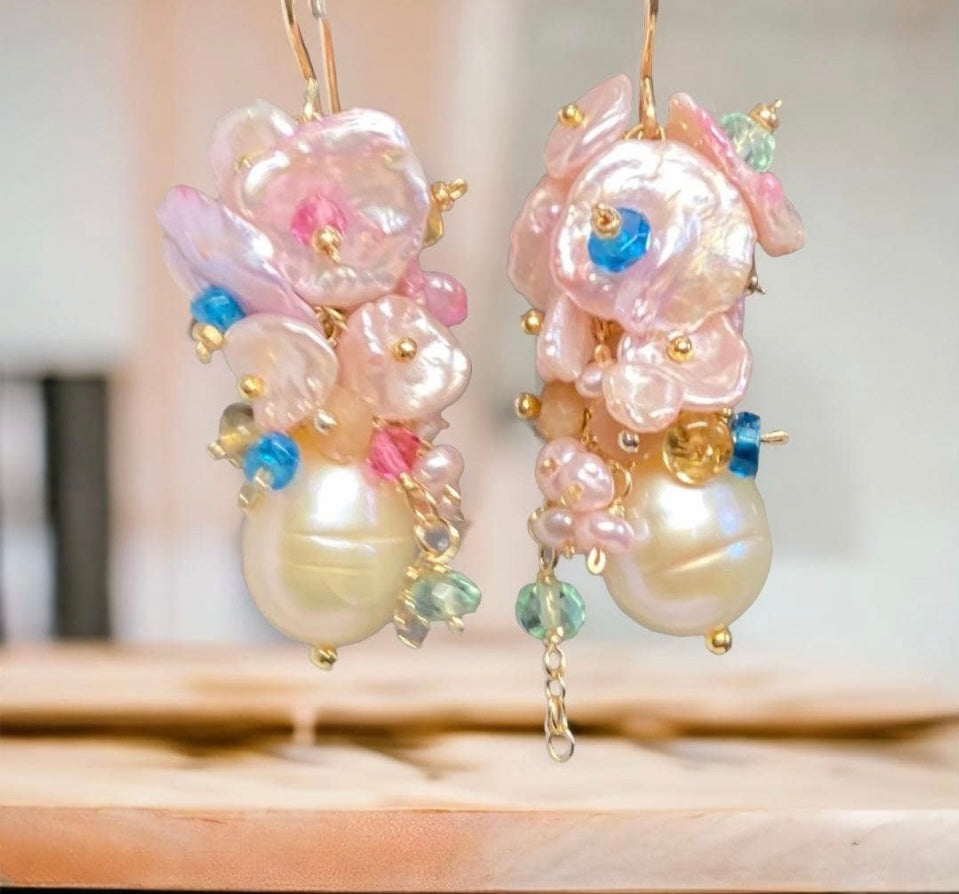 Pink Pearl Cluster Earrings with Blush Keishi Pearls