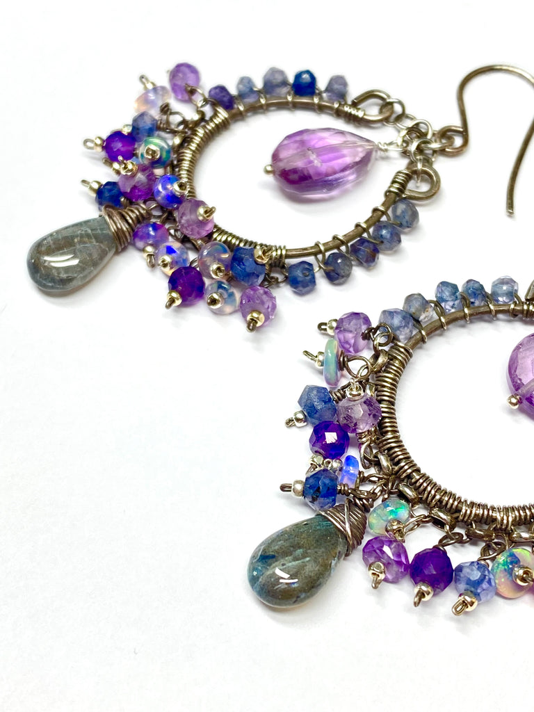 Blue Violet Chandelier Hoop Earrings Oxidized Silver — Iolite Labradorite Amethyst Ethiopian Opal - Doolittle