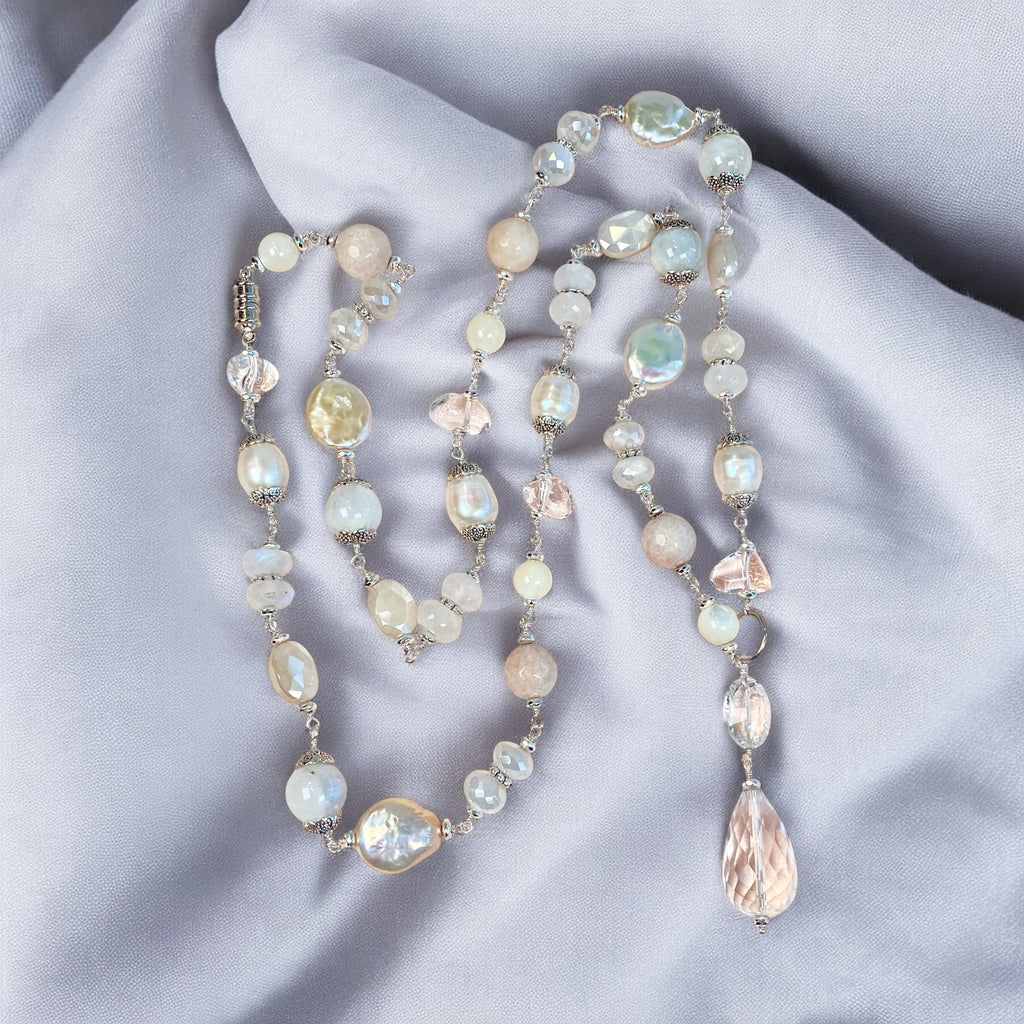 Crystal Quartz Moonstone Pearl Aventurine Long Necklace Sterling Silver