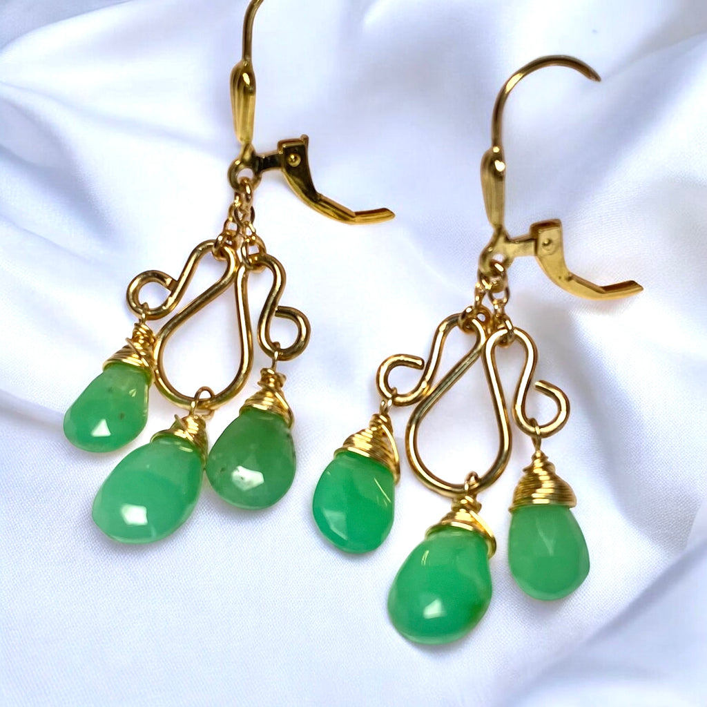 Green Chrysoprase Gemstone Chandelier Earrings Gold