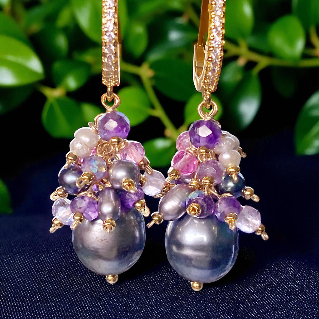 Black Peacock Pearl Earrings Amethyst and Pink Gemstone Clusters Gold Fill