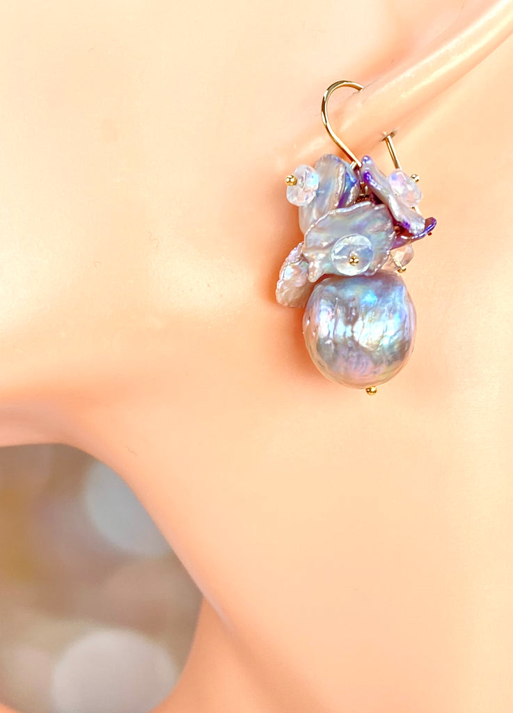 Silver Gray AAAA Pearl Cluster Earrings with Lavender Keishi and Rainbow Moonstone - Doolittle