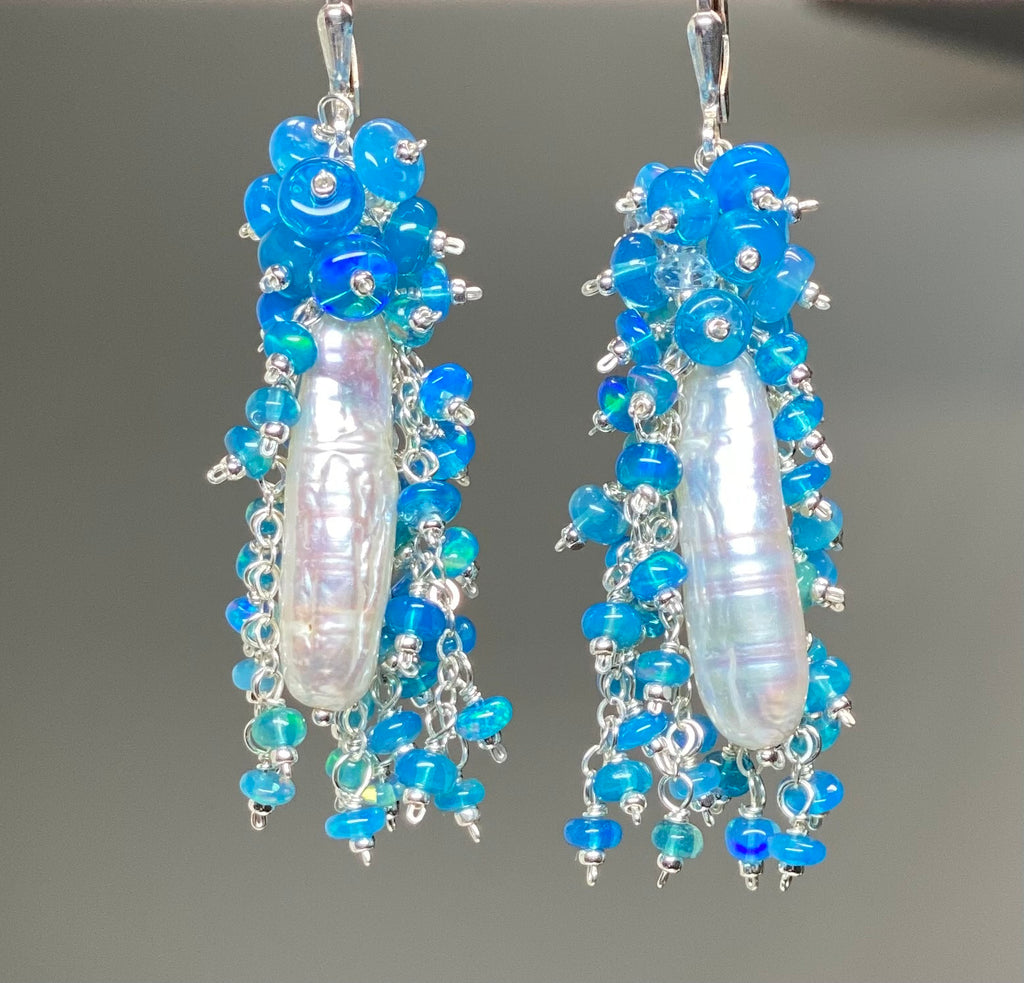 Blue Opal and Biwa Pearl Cluster Tassel Earrings Sterling Silver