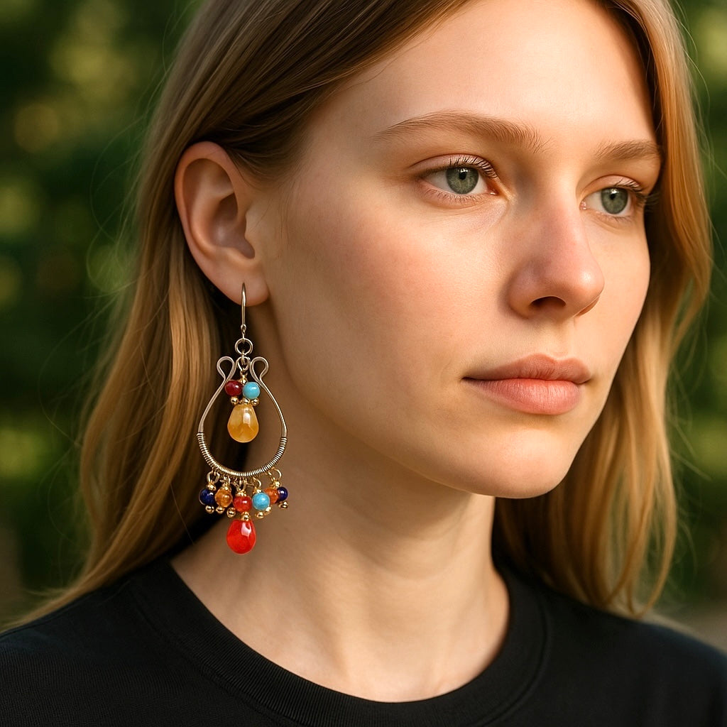 Multi Gemstone Hoop Chandelier Earrings, Mexican Fire Opal, Mixed Metals 3