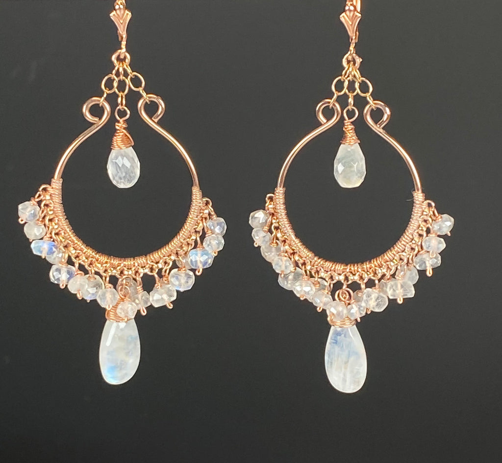 Rainbow Moonstone Rose Gold Hoop Chandelier Earrings - Doolittle