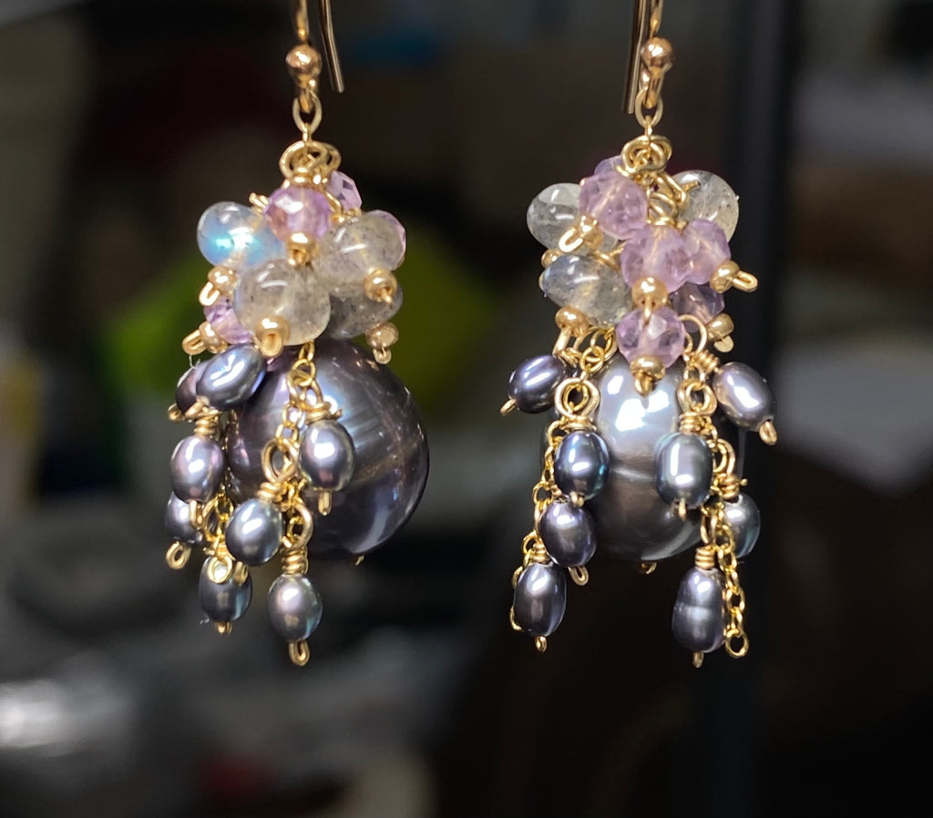 Peacock Pearl, Amethyst, Labradorite, Cluster Waterfall Earrings - Doolittle