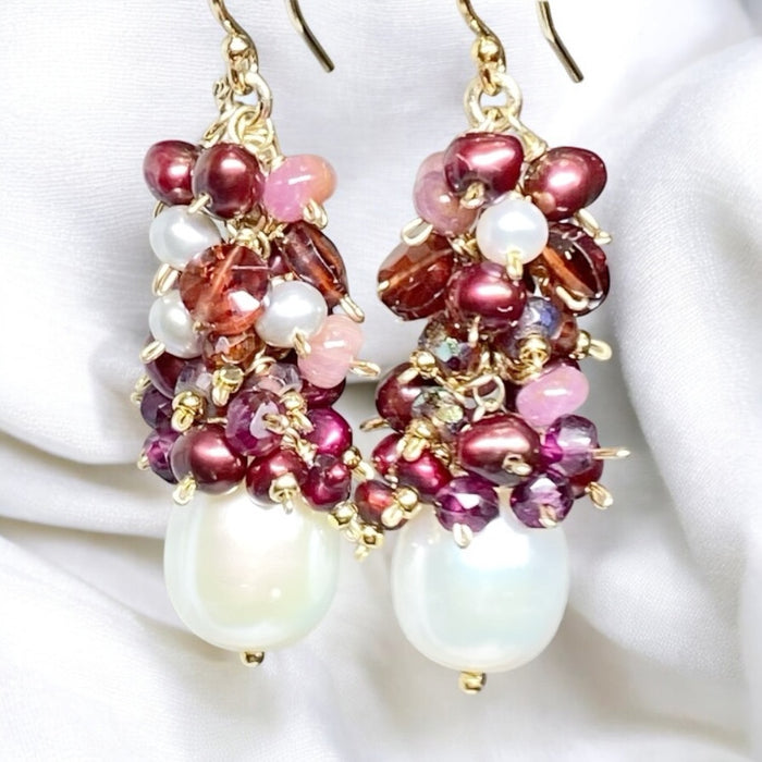 Pearl Earrings with Clusters of Garnet, Pink Sapphire and Red Pearls