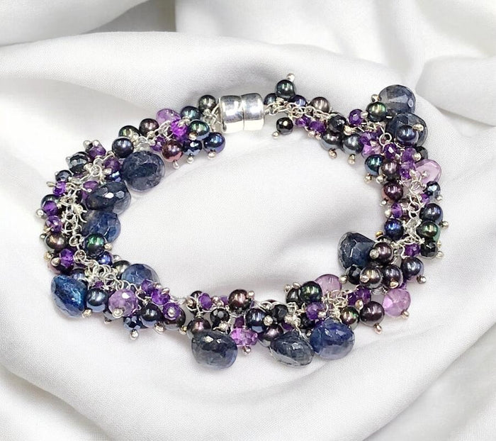 Labradorite, Amethyst & Pearl Cluster Bracelet in Sterling Silver - Doolittle