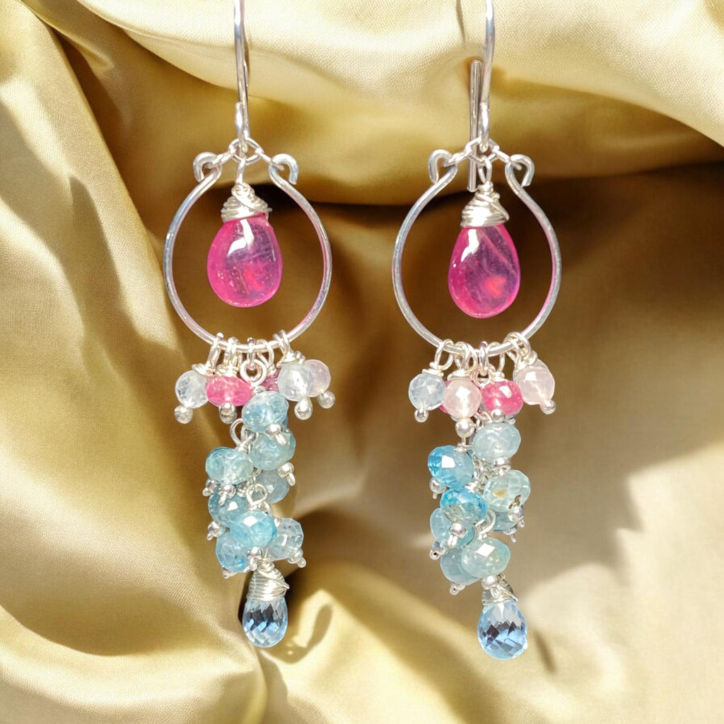 Blue Aquamarine, Natural Blue Zircon, Pink Sapphire Chandelier Hoop Earrings Sterling Silver - Doolittle