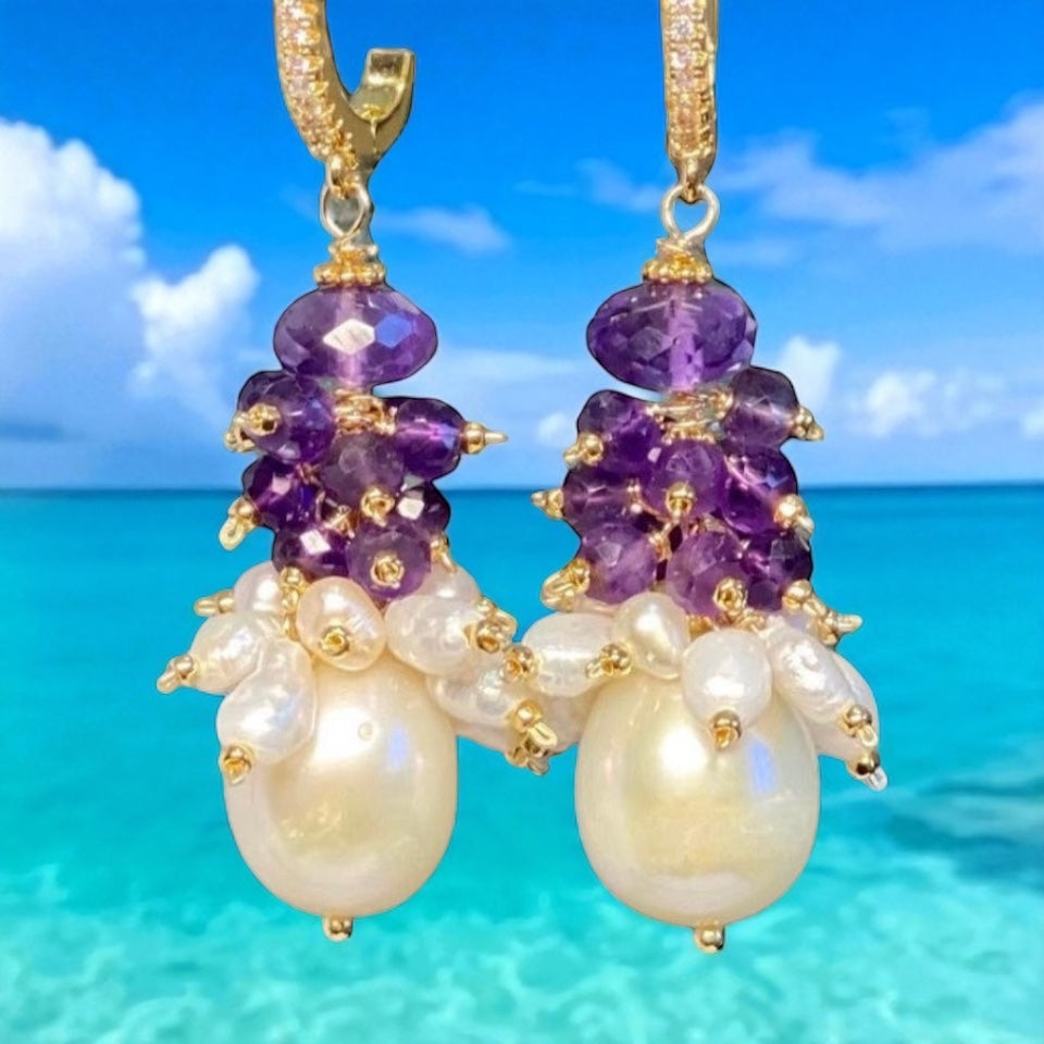 Amethyst Cluster Ivory Baroque Pearl Earrings